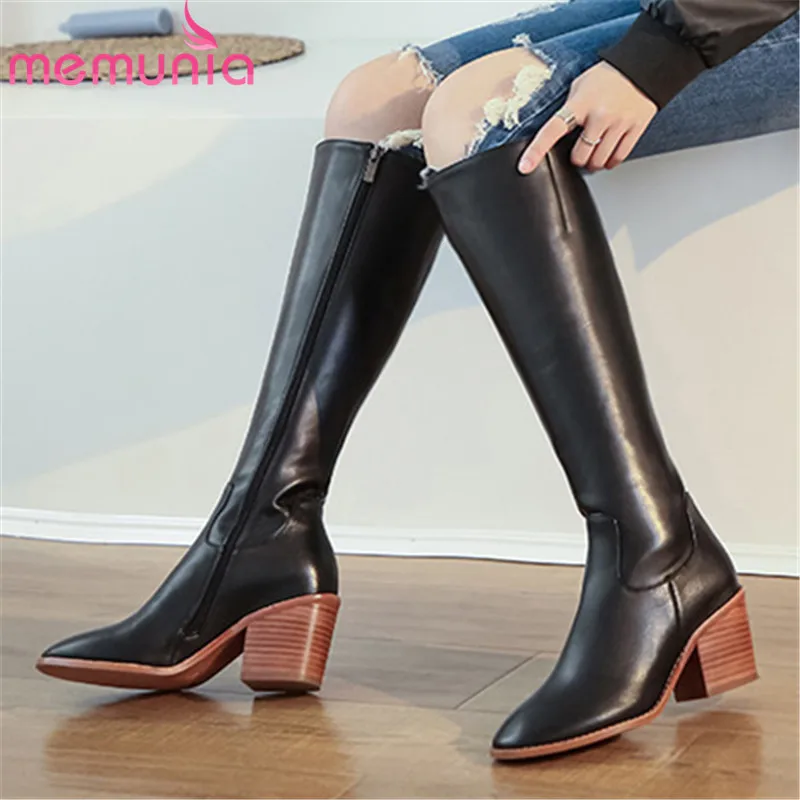 

MEMUNIA 2021 Top Quality Knee High Boots Women Autumn Winter Riding Boots Round Toe Zipper Fashion High Heel Casual Shoes Woman