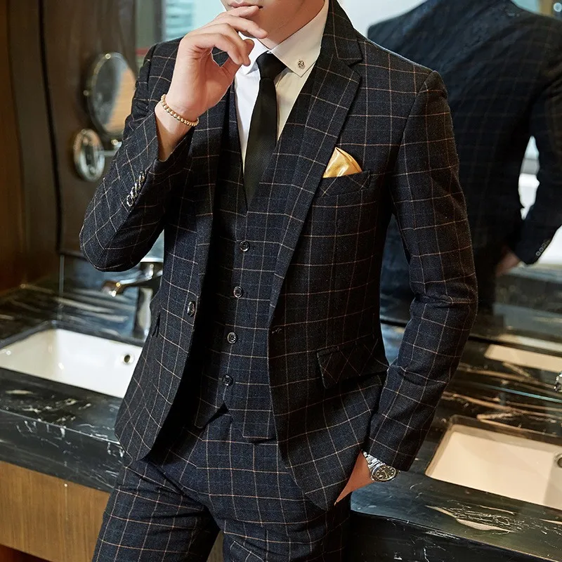 Британский облегающий костюм из 3 предметов костюмы с длинным рукавом блейзер на