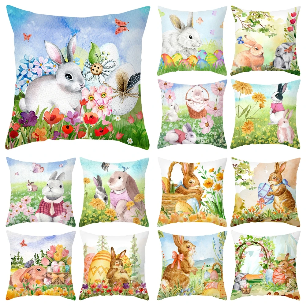

Easter Decoration Cushion Cover for Living Room Bunny Egg Pillowcase 45X45cm Sofa Cushion Cover Polyester Peach Skin Pillow Case