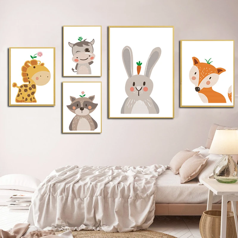 Животное картина с изображением мультяшного кролика плакаты жирафа медведя