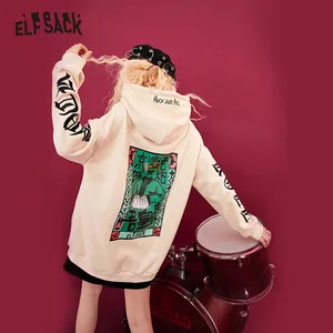 ELFSACKПовседневная Толстовка с графическим принтом большого размера; Женская толстовка; Осень 2020; Женская Толстовка на шнурке в Корейском стиле; Базовый Повседневный теплый топ