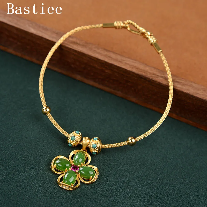 

Bastiee green Jade flower bangles 925 sterling silver bracelet for women ethnic hmong handle jewellery golden plated