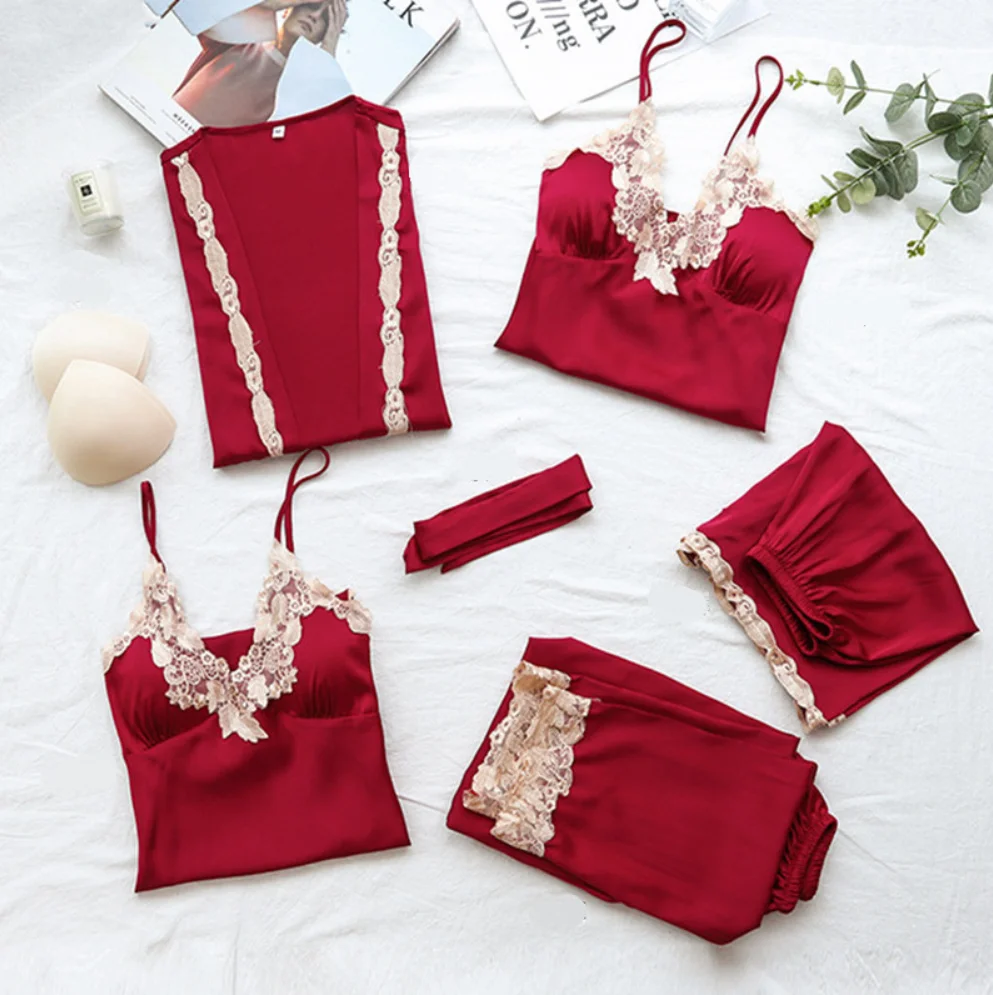 

Пижамный комплект, из 5 предметов, Сексуальная кружевная атласная шелковая женская пижама на лето и весну