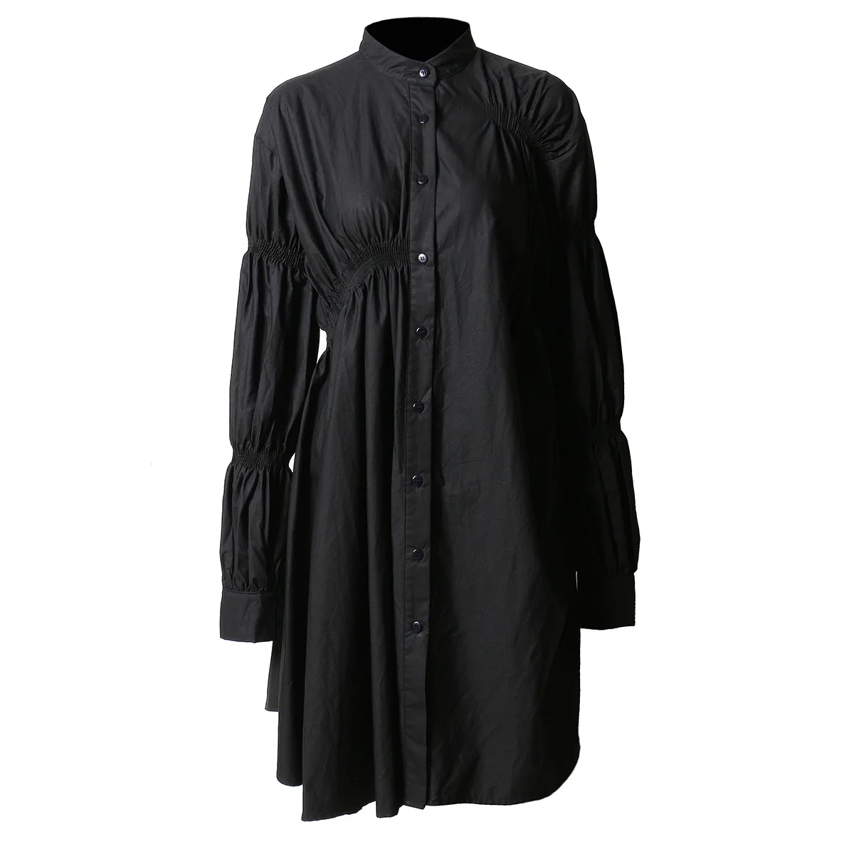 

Johnature New Streetwear Lantern Sleeve Loose Solid Color Women Dresses 2021 Spring Fashion Stand Collar Irregular Dress