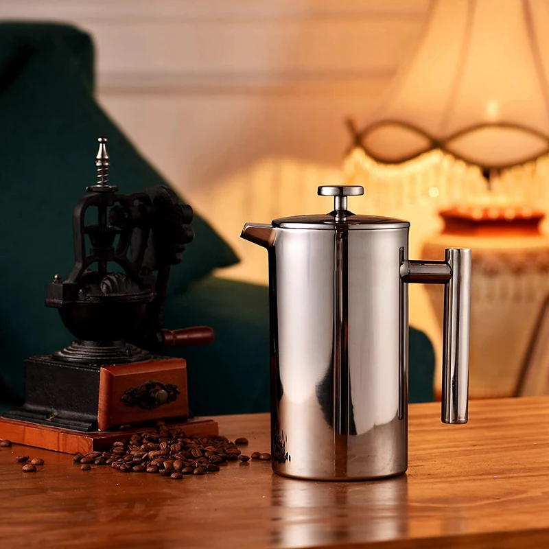 

1000ML 8 Cups French Press,35Oz, Double Wall Stainless Steel Tea Cafetiere Kettle, with Coffee Spoon & 5 Filter Screens