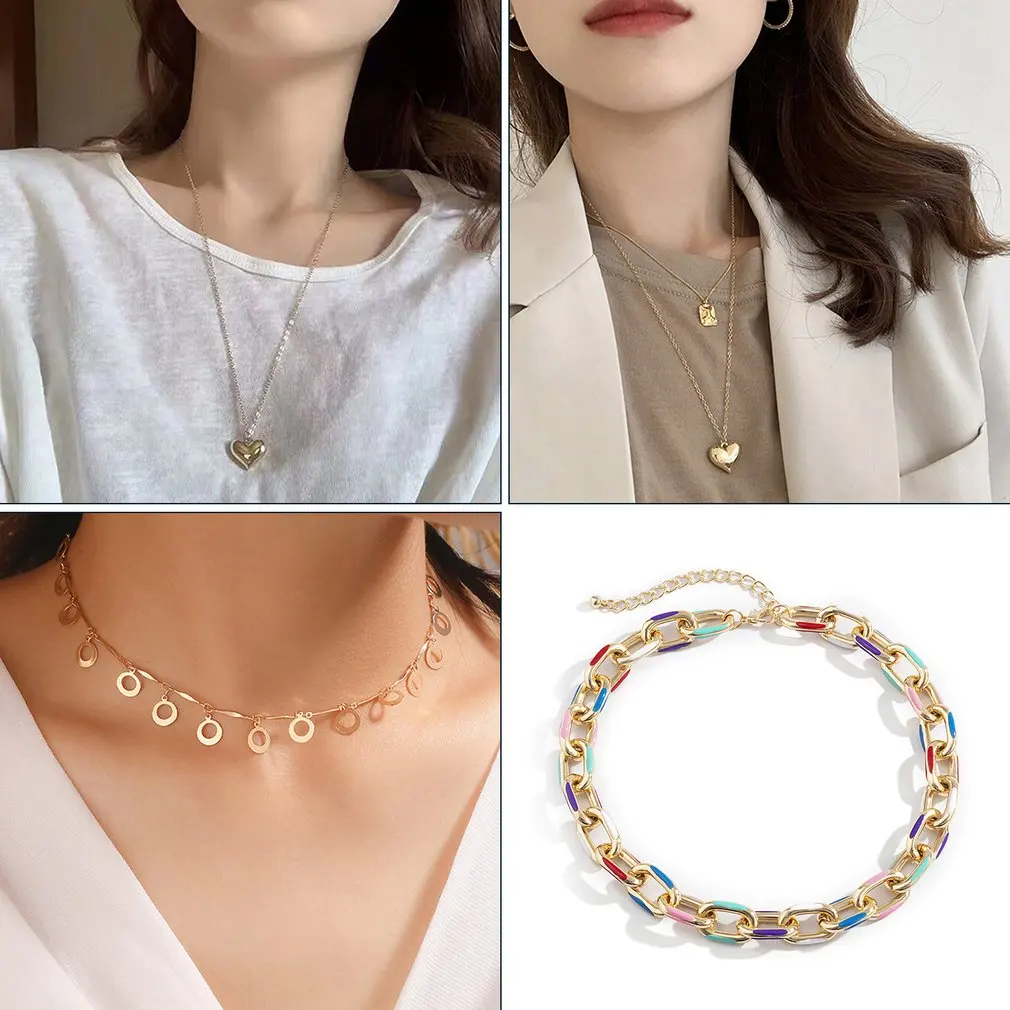 

Hip Hop Choker Necklace Collares Chain Link Vintage Punk Colorful Women Jewelry Neck Accessories Print Pendant