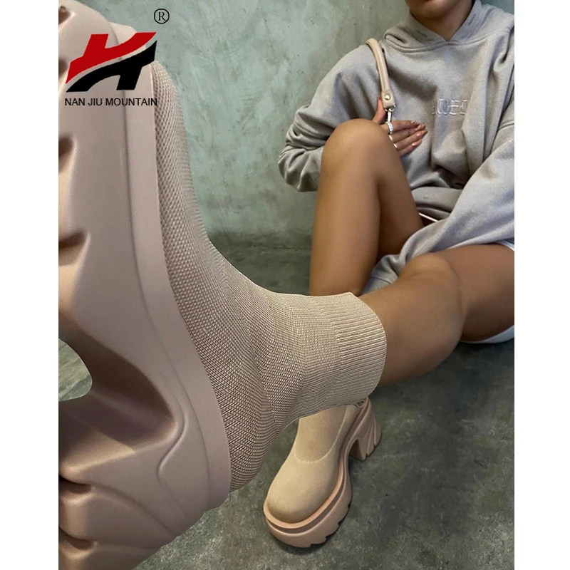 

2021 ботильоны на среднем каблуке; Женские ботинки; Простой носок; Однотонная обувь на платформе; Сезон осень-зима; Дышащая эластичная сетка