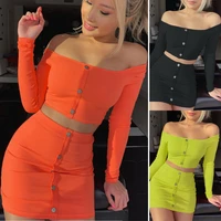 sexy off shoulder 2 piece set for women solid button bodycon long sleeve top and skirt summer autumn sets