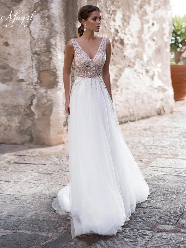 

MNGRL Simple V-neck Sleeveless Wedding Dress Fluffy Skirt White Lace Sequins Hand Drill Bridal Dresses Backless Tail
