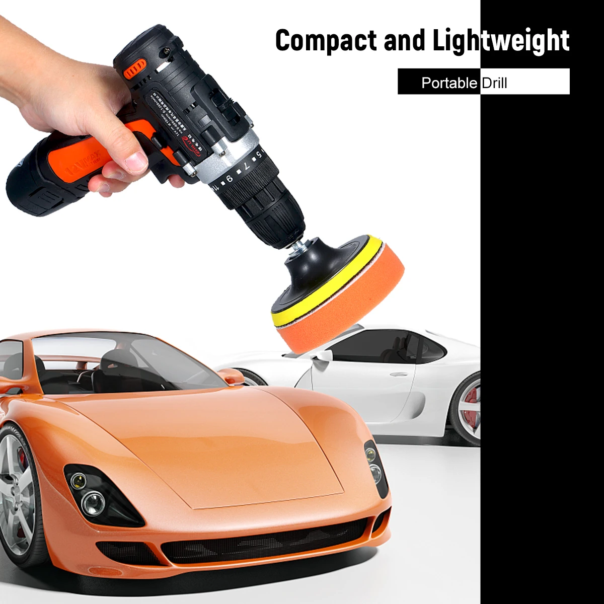 

12V Cordless Drill / Driver Kit 1400rpm Variable Speed Polisher Car Buffer Waxer UK/US/EU Set Sanding Sponges