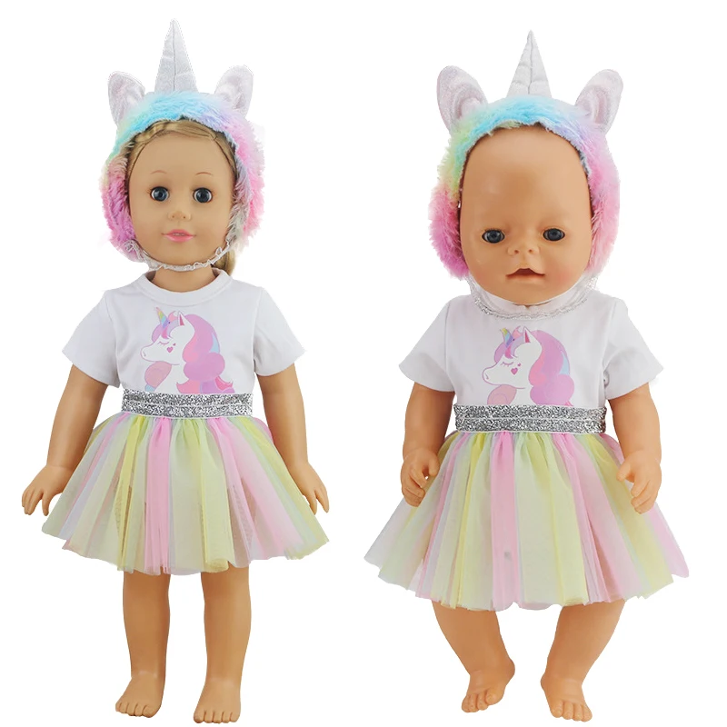 

3 шт./компл. головной убор с радужным единорогом, костюм для 18-дюймовой американской куклы и 43 см, одежда для новорожденных, кукол, аксессуары