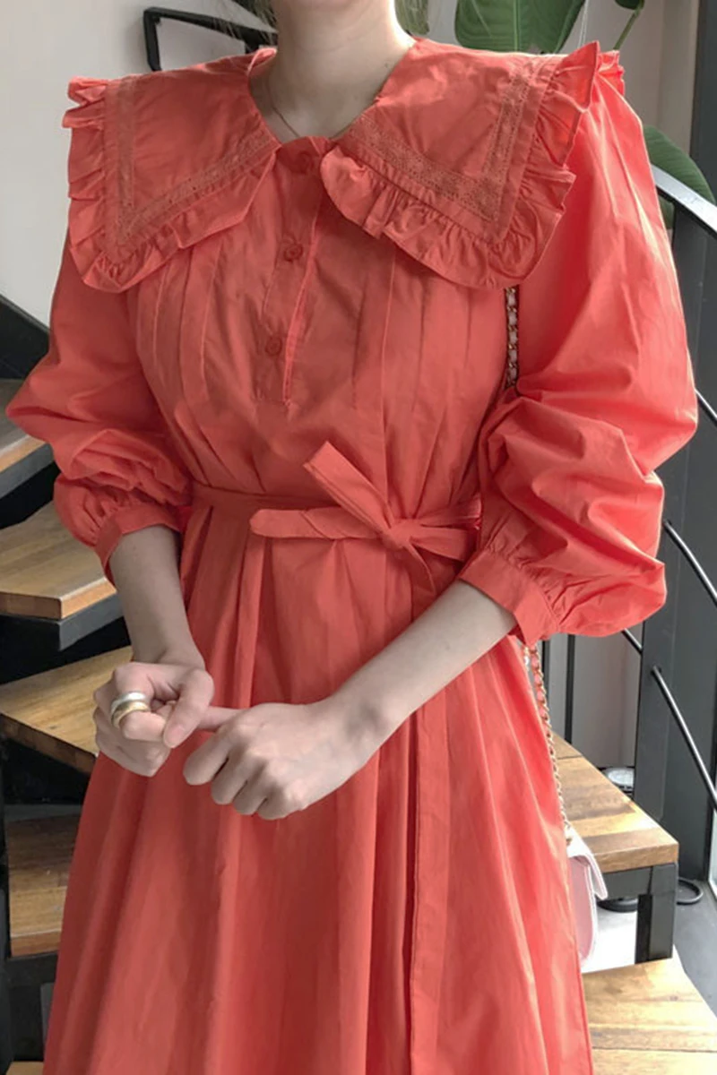 

ZCSMLL Korean Chic Early Autumn Lace with Ruffles Vestidos Lapel Single-breasted Pleated Lace-up Waist Puff Sleeve Dress