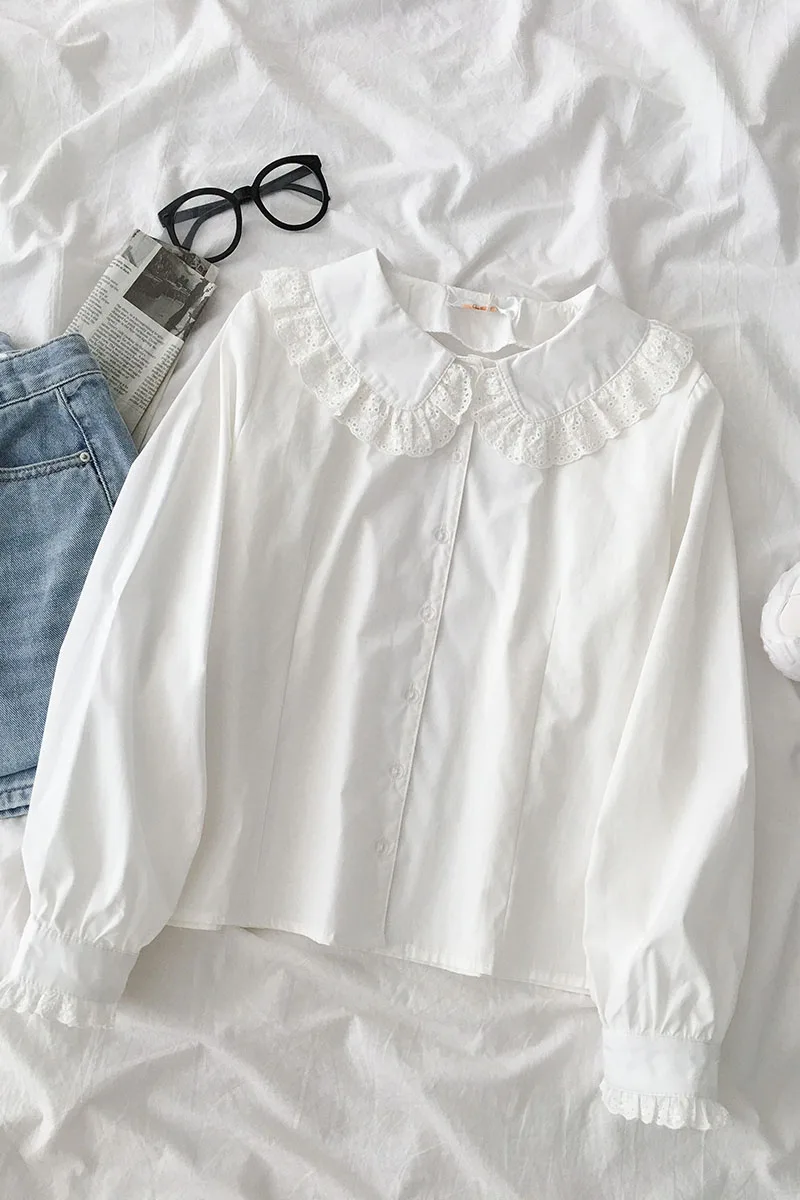 

Spring Autumn Japan Style Sweet White Shirts Women Kawaii Peter Pan Collar Butterfly Sleeve Fashion Loose Blouses Korean Clothes