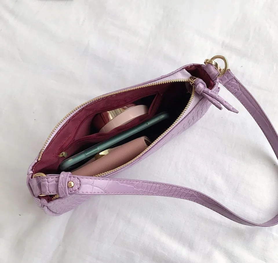 

Baguette Bag Women Zipper Daily Shopping Shoulder Bag Solid Color PU Leather Totes And Handbag Casual Style Crocodile Pattern