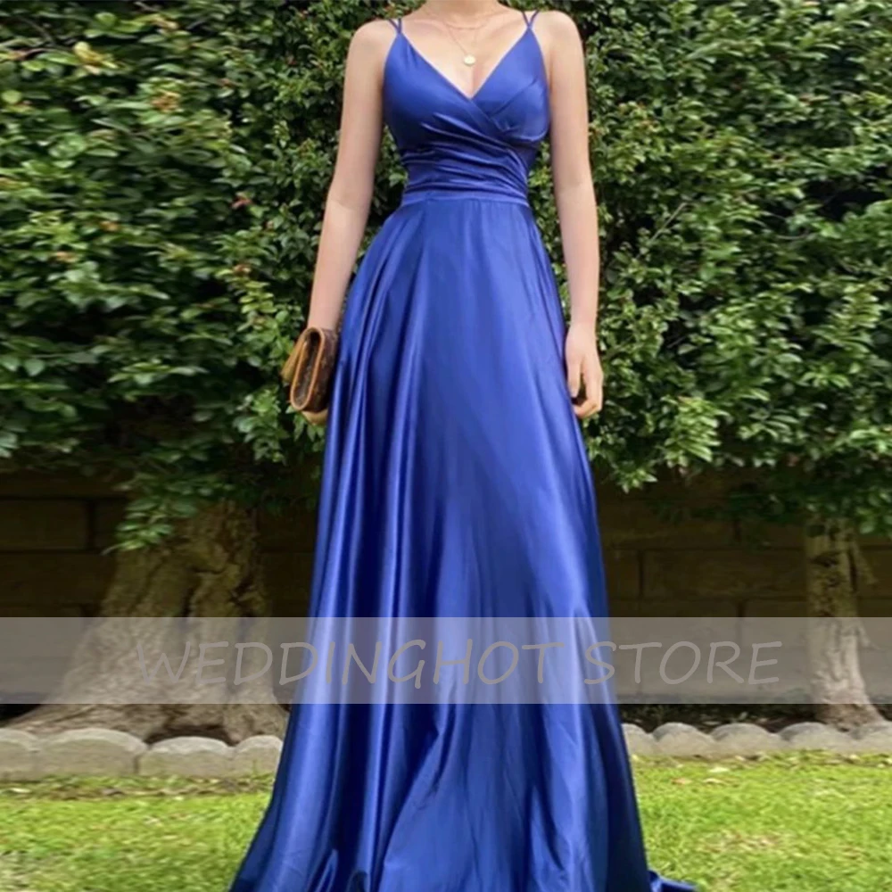 

Royal Blue V-neck Evening Dresses Long 2021 Simple Satin Elegant Prom Dress A-Line Lace up Plus Size Sleeveless robes de soirée