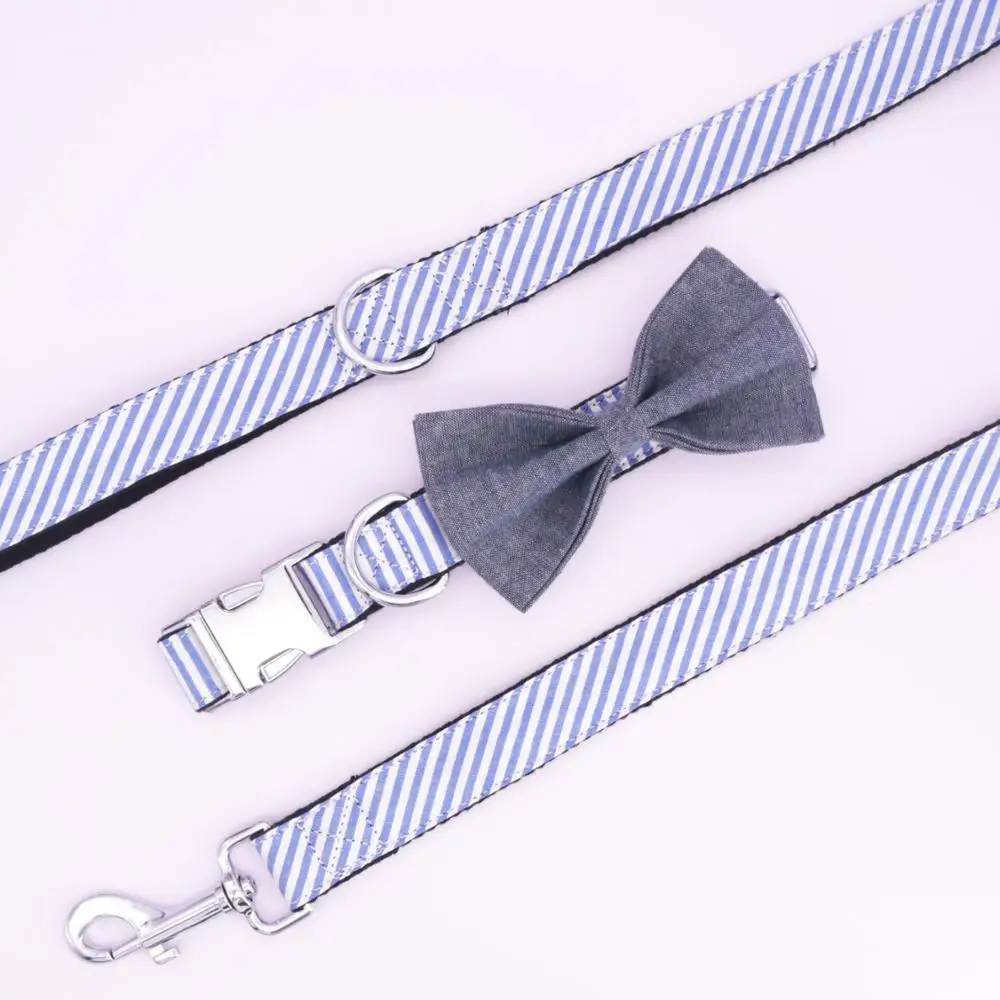 Мужской ошейник в полоску для собак галстук бабочка синий индивидуальный