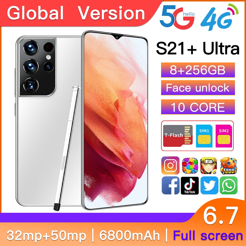 Новое поступление сотовый телефон S21 Android смартфон 64 ГБ 256 512 десять ядер HD дисплей