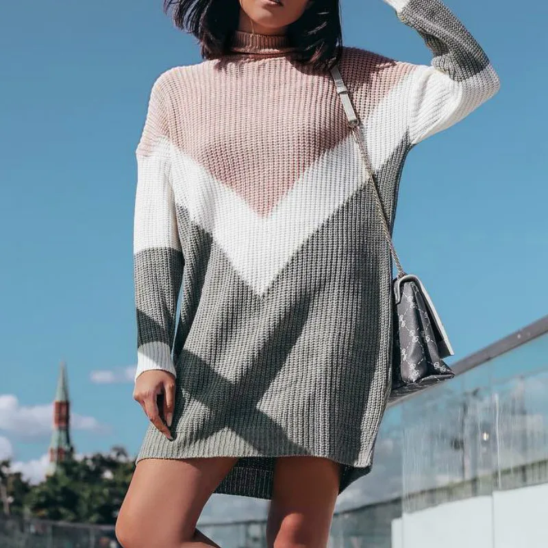 Модное серое розовое лоскутное свободное женское платье с высоким воротником и