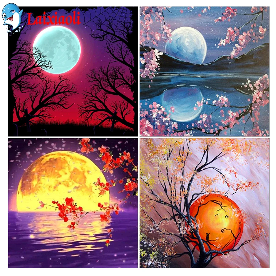 

5D Diamond Painting moon tree 4 pcs Full Square round Diamond Embroidery Rhinestones abstract Art Cross Stitch Kits Hobby Gift