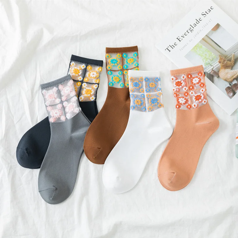 Прозрачные носки для весны и лета забавные Женские носочки с маленькими цветами