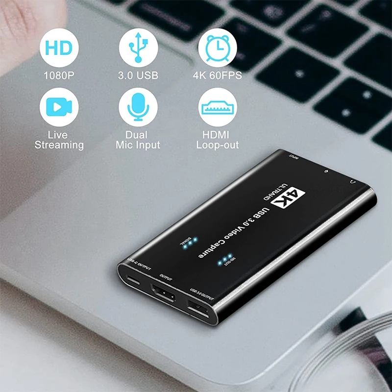 

Video Capture Card 4K 1080P 60Fps Game Capture Card, Zero-Lag Passthrough Live Streaming & Audio Recording, USB 3.0
