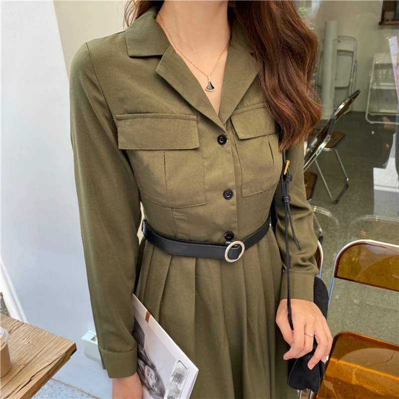 

Women spring summer dress retro pleated shirt dress women casual long sleeve office ladies work long dress female robe