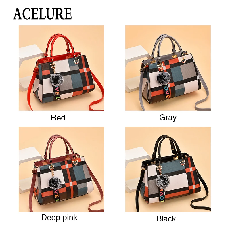 ACELURE Trendy Fashion Patchwork Women Crossbody Bags High Quality PU Leather Female Shoulder Bag with Fur Ball Handbag 4 Colors