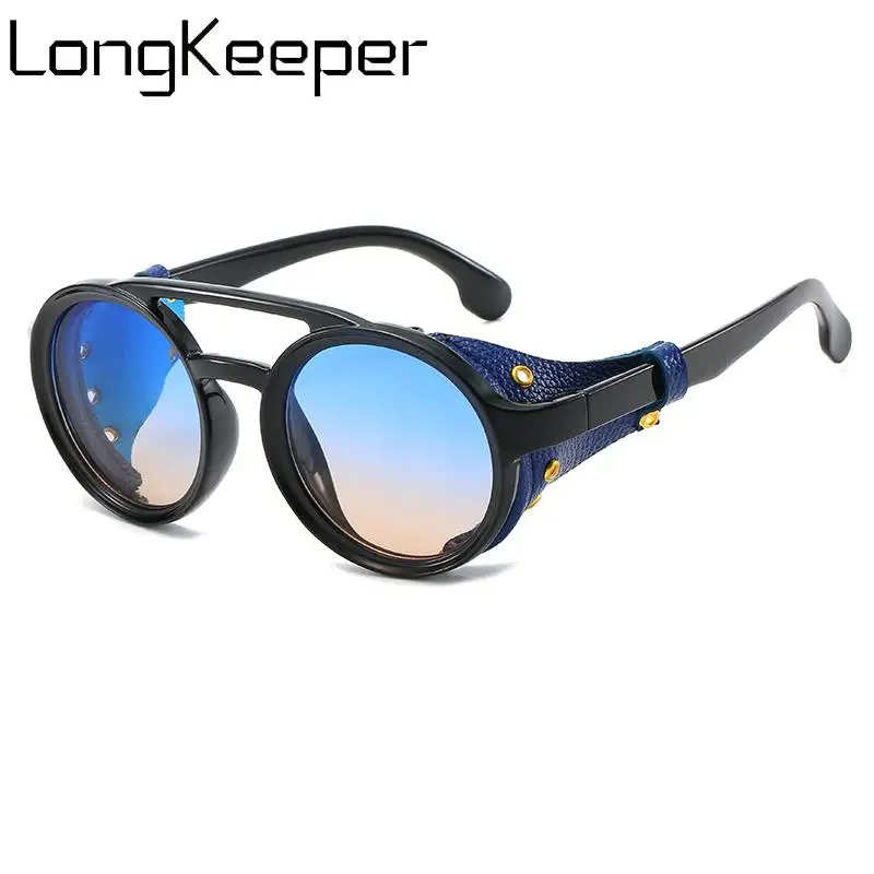 LongKeeper Retro Steampunk Round Sunglasses Men Stylish Leather With Side Shields Sun Glasses Women Shades Punk Glasses UV400