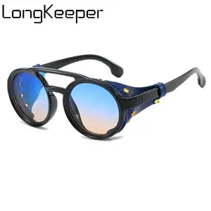 LongKeeper Retro Steampunk Round Sunglasses Men Stylish Leather With Side Shields Sun Glasses Women 