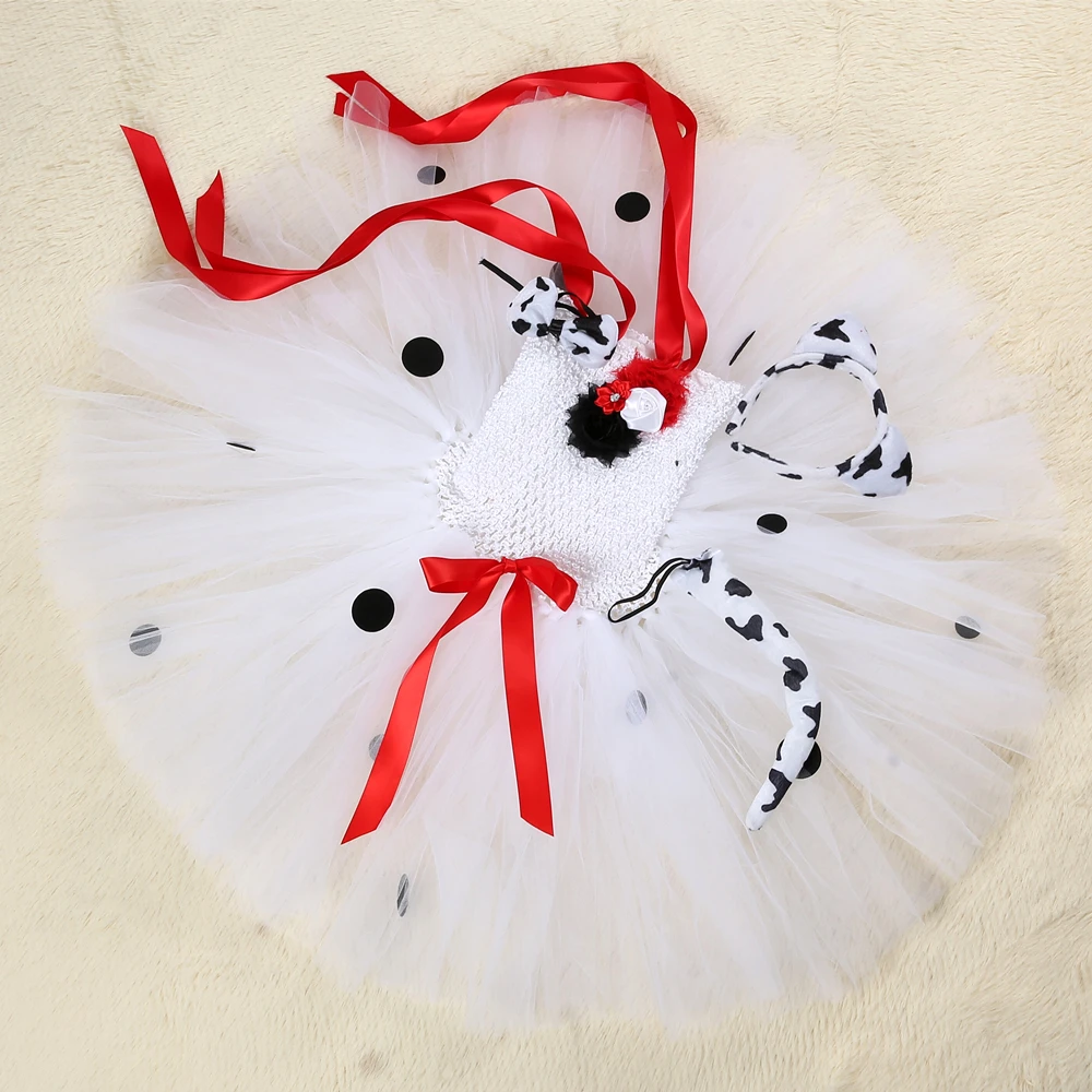 Платье-пачка для косплея девочек украшено далматинской тематикой в белый