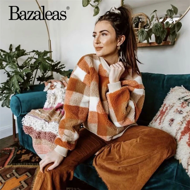 Bazaleas уличная О-образным вырезом свободная harajuku Толстовка шотландка Женские толстовки с принтом рубашка Мужская модная негабаритная Толстовка Повседневная