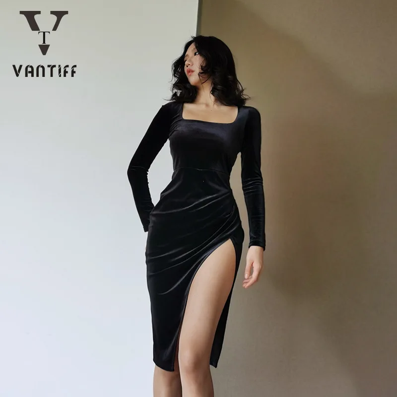 

Summer Casual Lace Vintage Dress Vintage Street Fashion Sexy Slim High Waist Square Collar Dress with Diamond Long Slit Dress