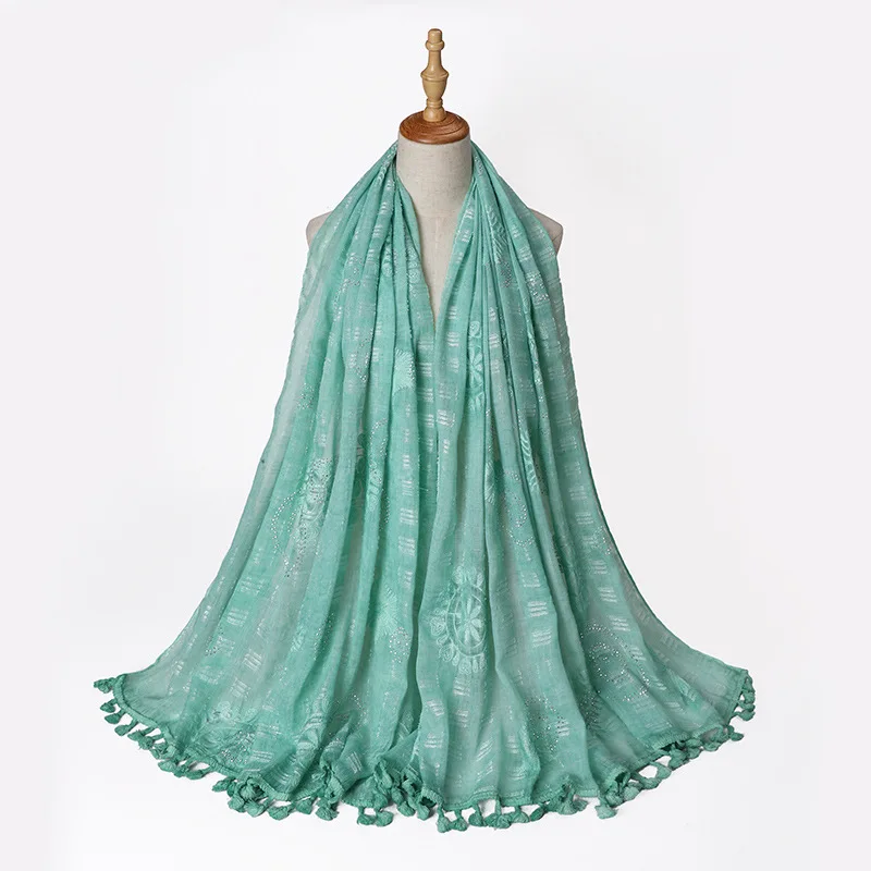 Женский мусульманский однотонный хиджаб шарф из хлопка и льна стразы головной