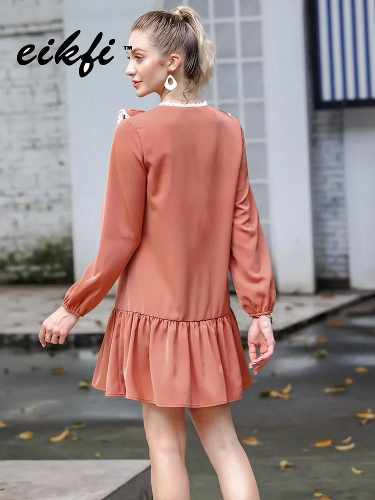 Платье женское винтажное однотонное с длинным рукавом свободное Повседневное