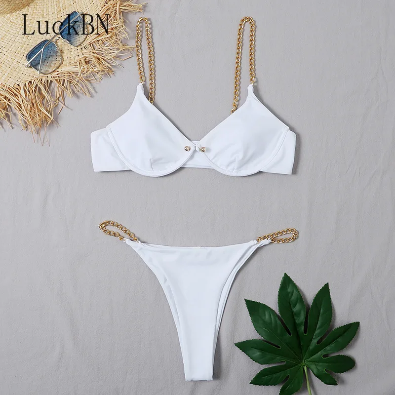 

Chain Style Bikini Women Swimsuit Solid Bikini Set Push Up Swimwear Low Waist Bathing Suits Beach Wear Swimming Suit For Women