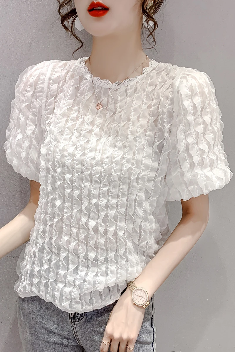 

COIGARSAM Short Sleeve blouse women Summer O-Neck Mesh blusas womens tops and blouses White Apricot 002