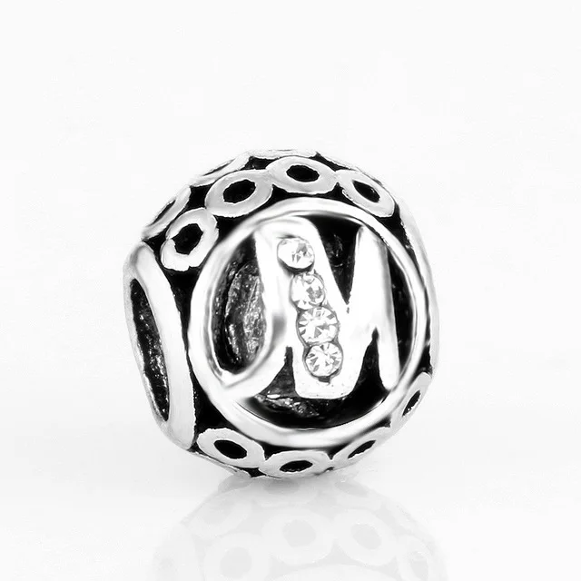 free shipping MOQ 1pc round openwork initial letter alphabet diy bead fit original pandora charms bracelet X004 - Цвет: M