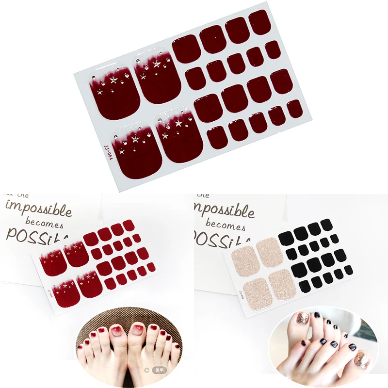 

22tips/sheet Toe Nail Stickers Waterproof Fashion Toe Nail Wraps Nail Art Full Cover Adhesive Foil Stickers Manicure Decals