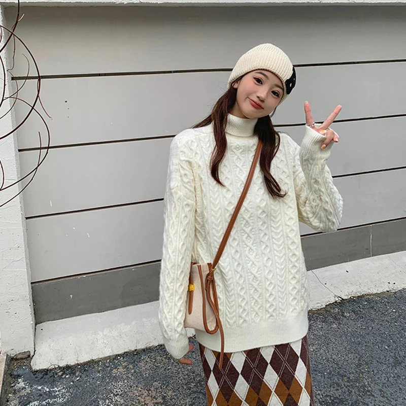 

Quality Knitted Turtleneck Women Autumn Winter Warm Soft Sweater Loose Casual Pullovers Vintage Ribbed Pull Femme Knit Jumper