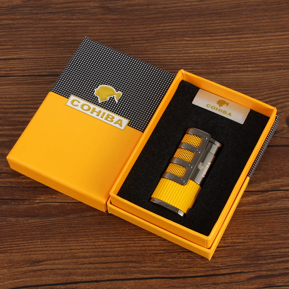 Зажигалка COHIBA металлическая карманная Бутановая Зажигалка для Сигар Зажигалка газовая ветрозащитная 3 струйная модная Зажигалка для Аксессуары для сигар W/Подарочная коробка