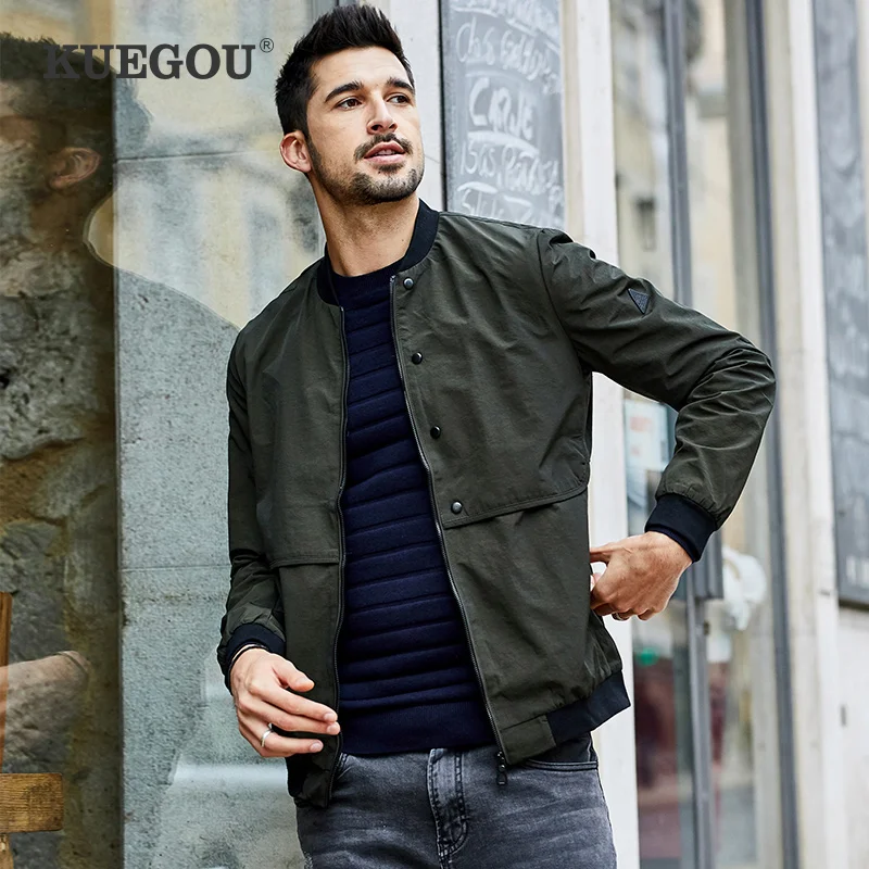 

KUEGOU Brand Autumn Spring Bomber Jacket Coat leisure Pilot jacket slim collar men's fashion jacket army green coat UW-0759