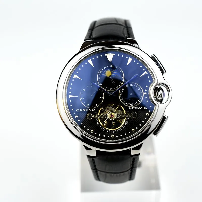 1 CASENO бренд Роскошный кожаный ремешок tourbillon механические Автоматические Мужские часы дропшиппинг день дата Круглый Скелет Мужские золотые часы - Цвет: 1
