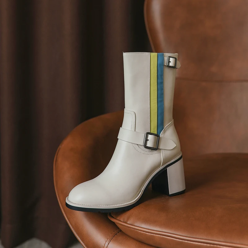 

Winter Genuine Leather Women Boots Mixed Colors ZIP Ankle Boots Round Toe Thick Heel Women Shoes Belt Buckle Zapatos De Mujer