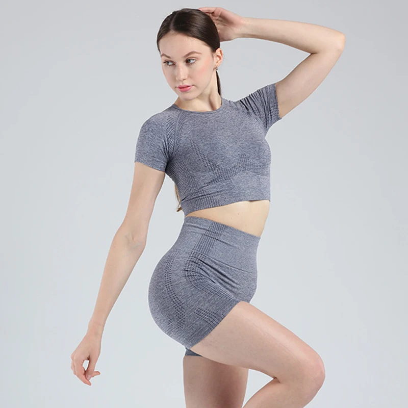 Женский бесшовный спортивный костюм из 2 предметов с коротким рукавом комплект
