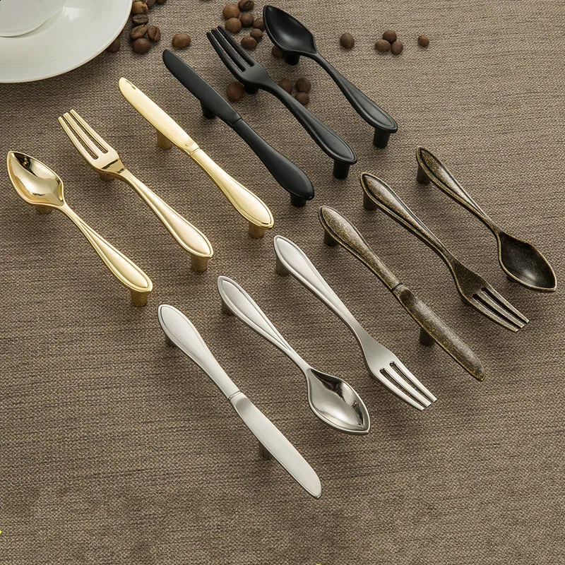 Creative Cutlery Furniture Cabinet Handle Knife And Fork Spoon Black Cupboard Kitchen Knobs Drawer Door Pull 76 Hole Distance