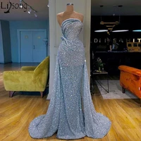 blue sequins overskirts formal evening dress mermaid strapless arabic women prom dresses pageant birthday party gowns plus size