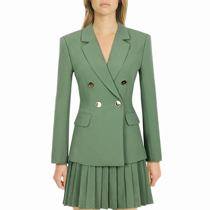 

Boutique Gentle Style High Quality Skirt Set Slim Suit Jacket Short Pleated Skirt Army Green Light Luxury Fashion Office Lady