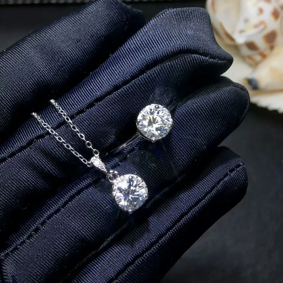 MeiBaPJ 1 карат Moissanite Алмазный Ювелирный Набор 925 Серебряное кольцо кулон ожерелье 2