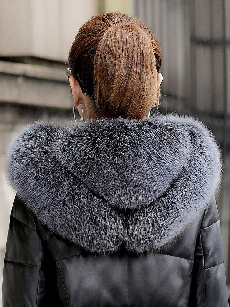 Plus Size 5XL 2020 Winter New Leather Leather Jacket Women's Sheep Skin Medium Long Large Size Fur Coat with Cap