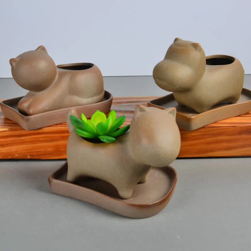 

Pet Cartoon Succulent Plant Pot Abstract Small Animal Stoneware Green Succulents Flower Pot Desktop Pot Comes with Tray